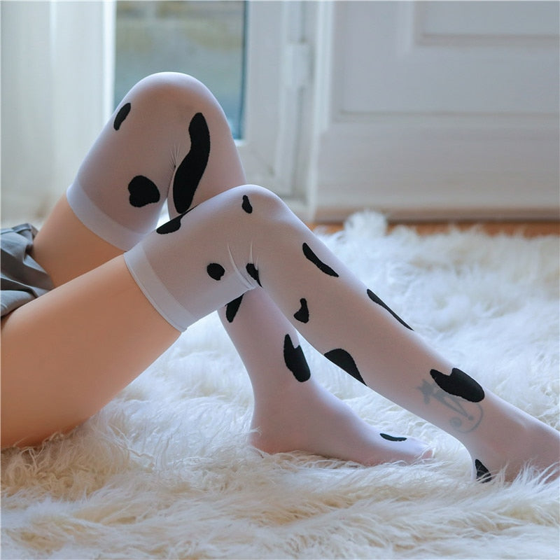 Women's Cosplay Stockings Kawaii Cow Spots Printed Thigh High Stockings Cute Lovely Milk Pantyhose Medias De Mujer