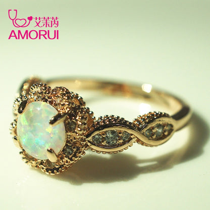 AMORUI Vintage Australian Crystal Flower Ring Female Anniversary Gift Jewelry Fashion Golden Opal Engagement / Wedding Rings