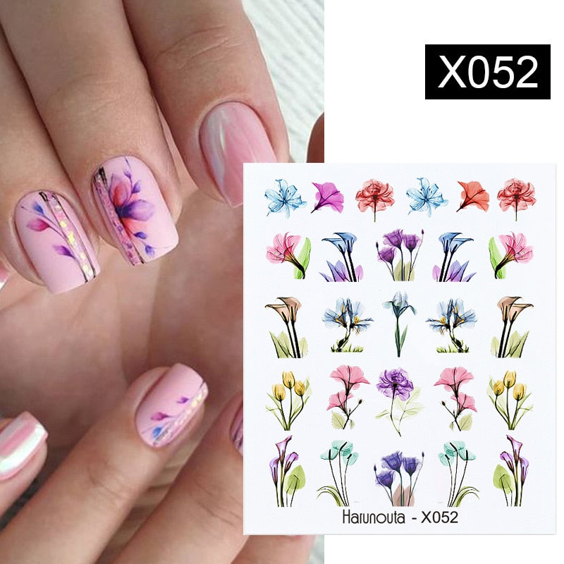 Harunouta Black Lines Flower Leaves Water Decals Stickers Floral Face Marble Pattern Slider For Nails Summer Nail Art Decoration