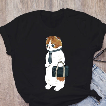 Women T-shirt Cute Cat Funny Cartoon T-shirt Harajuku Graphic Ulzzang T-shirt 90s Print T-shirt Fashion Aesthetic Top Tee Female