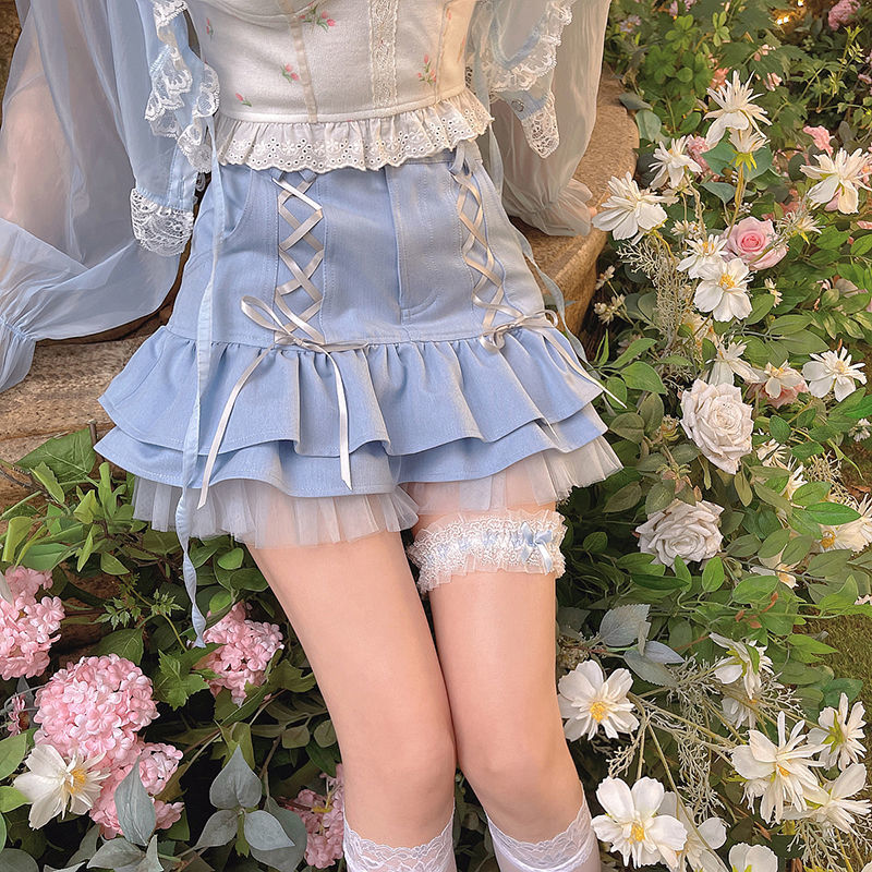 Elegant Pastel Blue Lace Mini Skirt Women's Kawaii Fashion