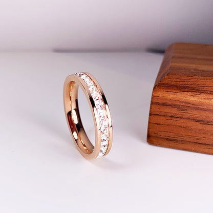 Luxury Rose Gold Color Double Row Square Zircon Stainless Steel Ring For Women Romantic Engageme Wedding Party Jewelry Female