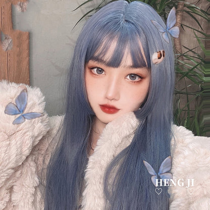 HOUYAN Long straight hair synthetic wig lady powder white bangs gray blue mixed color gradient cosplay lolita wig heat-resistant