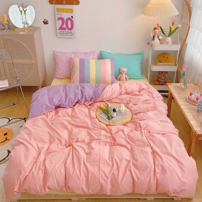 Kawaii Fashion Rainbow Bedding Set 100% Cotton Flat Bed Sheet And Pillowcases Luxury Korean Style Princess Full Queen Bed Sets