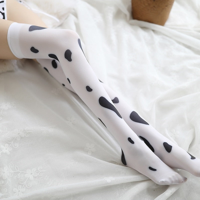 Women's Cosplay Stockings Kawaii Cow Spots Printed Thigh High Stockings Cute Lovely Milk Pantyhose Medias De Mujer