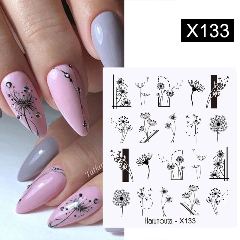 Harunouta Black Lines Flower Leaves Water Decals Stickers Floral Face Marble Pattern Slider For Nails Summer Nail Art Decoration