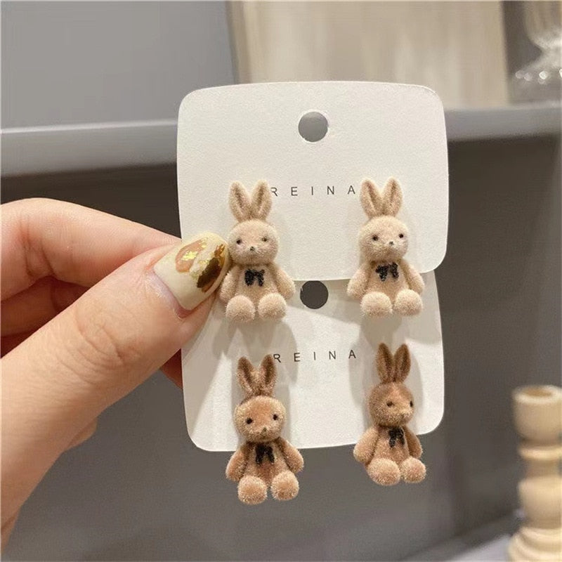 Bear Earrings for Women Girls Fashion Korea Silver Needle Autumn and Winter Earrings Cute Flocking Rabbit Ear Studs Jewelry