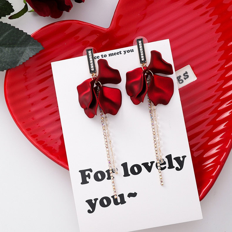New Arrival Vintage Women Dangle Earrings Rose Petal Long Tassel Earrings Female Korean Jewelry Red Earrings