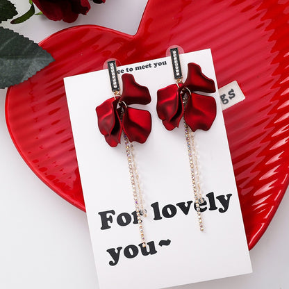 New Arrival Vintage Women Dangle Earrings Rose Petal Long Tassel Earrings Female Korean Jewelry Red Earrings