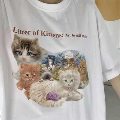 sunfiz Kawaii The Kitten Club Women T Shirt Streetwear White Cotton Short Sleeve Femme Oversized Graphic Tee Cute Grunge Tops