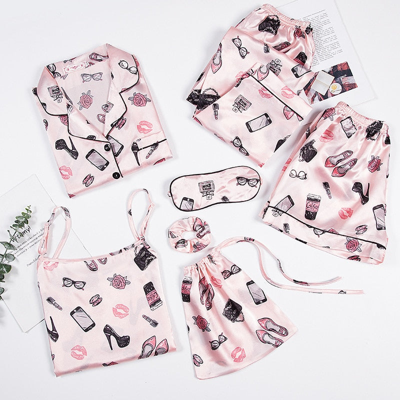 JULY'S SONG Pink 7 Pieces Women's Pajamas Sets Faux Silk Striped Pyjama Women's Pajamas Sleepwear Sets Spring Summer Homewear