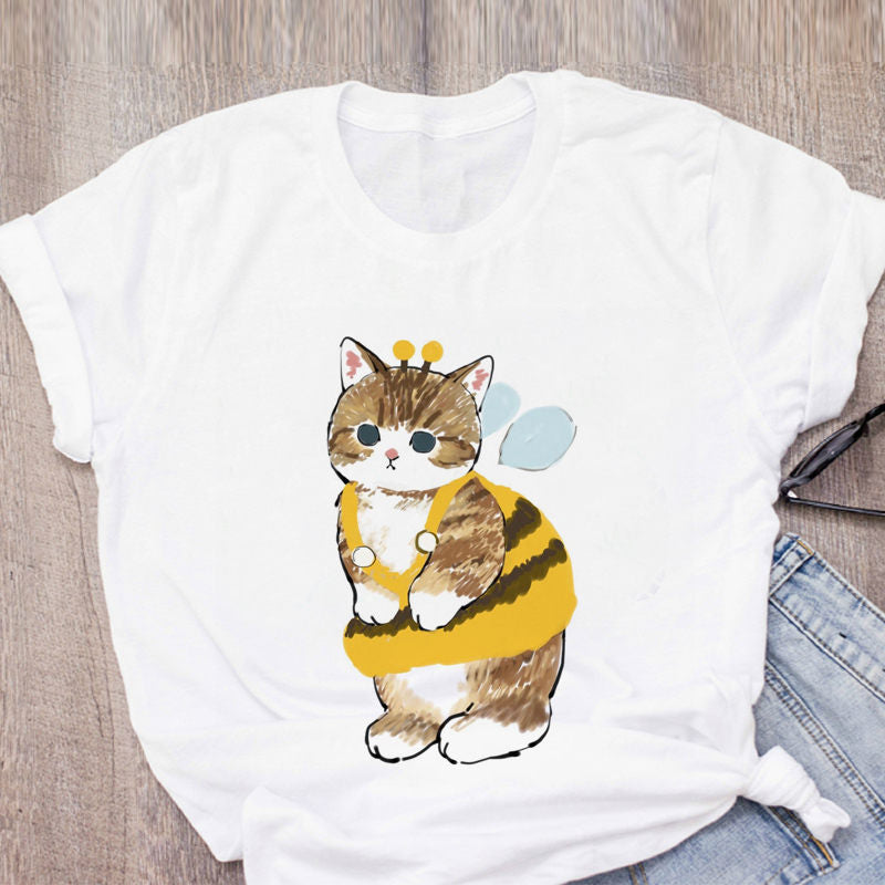 Women T-shirt Cute Cat Funny Cartoon T-shirt Harajuku Graphic Ulzzang T-shirt 90s Print T-shirt Fashion Aesthetic Top Tee Female