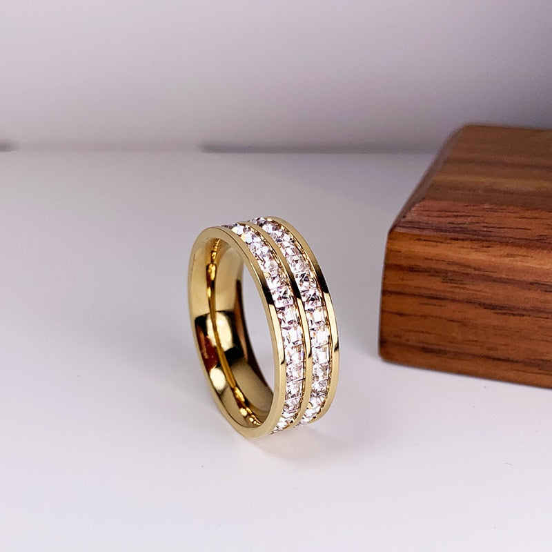 Luxury Rose Gold Color Double Row Square Zircon Stainless Steel Ring For Women Romantic Engageme Wedding Party Jewelry Female