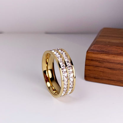 Luxury Rose Gold Color Double Row Square Zircon Stainless Steel Ring For Women Romantic Engageme Wedding Party Jewelry Female
