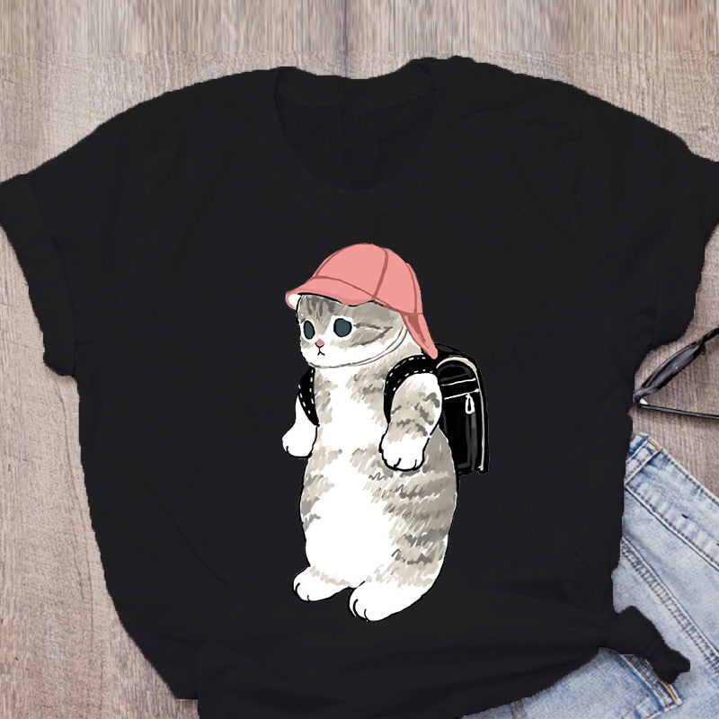 Women T-shirt Cute Cat Funny Cartoon T-shirt Harajuku Graphic Ulzzang T-shirt 90s Print T-shirt Fashion Aesthetic Top Tee Female