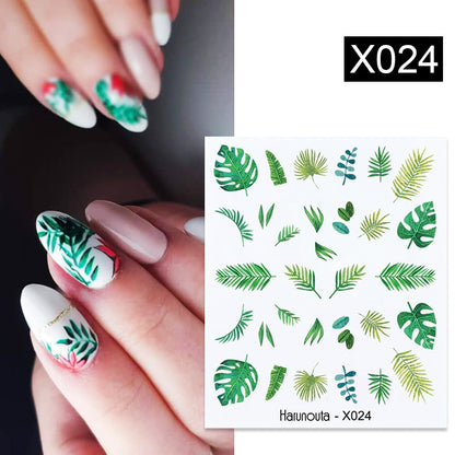 Harunouta Black Lines Flower Leaves Water Decals Stickers Floral Face Marble Pattern Slider For Nails Summer Nail Art Decoration