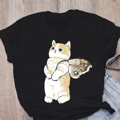 Women T-shirt Cute Cat Funny Cartoon T-shirt Harajuku Graphic Ulzzang T-shirt 90s Print T-shirt Fashion Aesthetic Top Tee Female