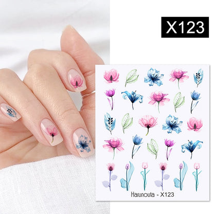 Harunouta Black Lines Flower Leaves Water Decals Stickers Floral Face Marble Pattern Slider For Nails Summer Nail Art Decoration