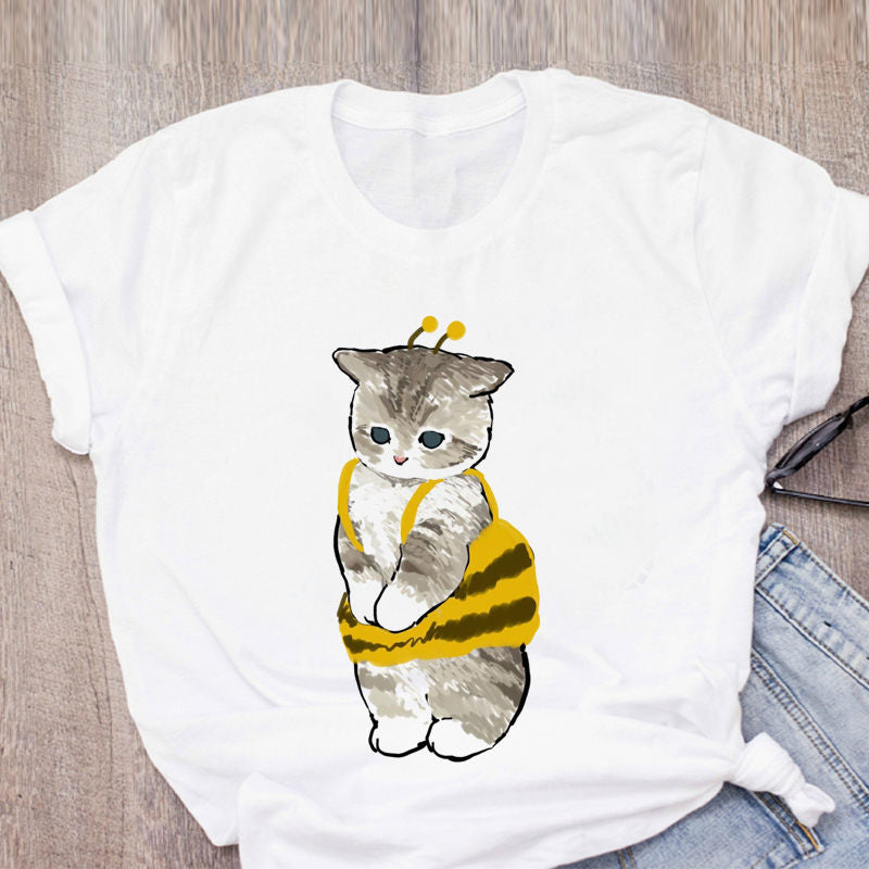 Women T-shirt Cute Cat Funny Cartoon T-shirt Harajuku Graphic Ulzzang T-shirt 90s Print T-shirt Fashion Aesthetic Top Tee Female