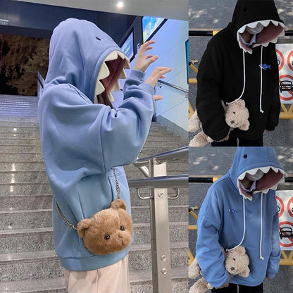 Funny Shark Patchwork Hoodies Women Autumn Kawaii Sweatshirt Sleeve Casual Oversized School Pullover Long Clothes X4z5