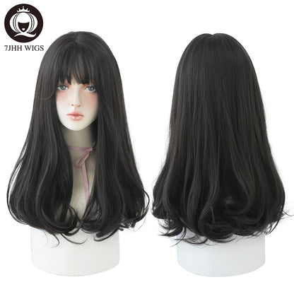 7JHHWIGS Long Wavy Synthetic Black Wigs For Women With Fringe Fashion Heat Resistant Mid-Length Daily Straight Light Brown Hair