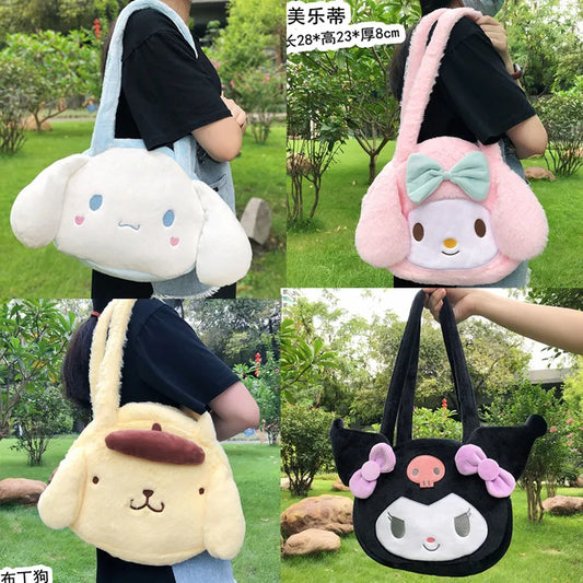 Kawaii Sanrioed Plush Cinnamoroll Melody Kuromi Women Tote Handbags Shoulder Bags Fashion Female Messenger Bags Purses Xmas Gift