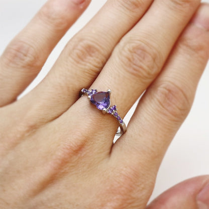 With Credentials Real Tibetan Silver Amethyst Ring Lovely Heart Shape Purple Zircon Crystal Ring for Women Jewelry Romantic Gift