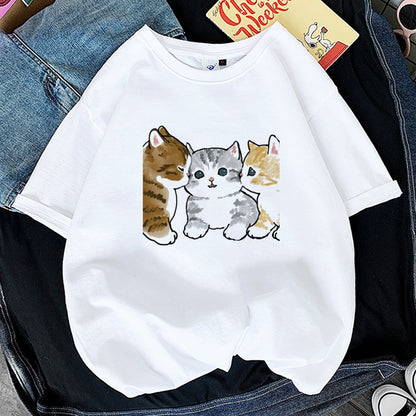 Kawaii Cat Shark Women Print Funny T-shirt Girl Animal Y2K Fashion 90S Print Tops Tee Gril Black White Clothes,Drop Ship