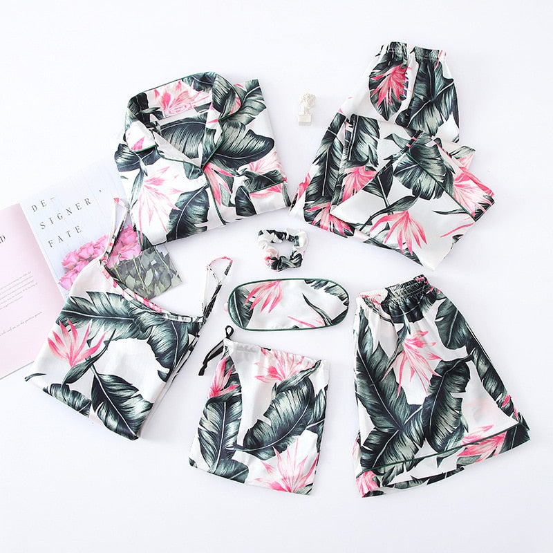 JULY'S SONG Pink 7 Pieces Women's Pajamas Sets Faux Silk Striped Pyjama Women's Pajamas Sleepwear Sets Spring Summer Homewear