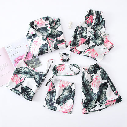 JULY'S SONG Pink 7 Pieces Women's Pajamas Sets Faux Silk Striped Pyjama Women's Pajamas Sleepwear Sets Spring Summer Homewear