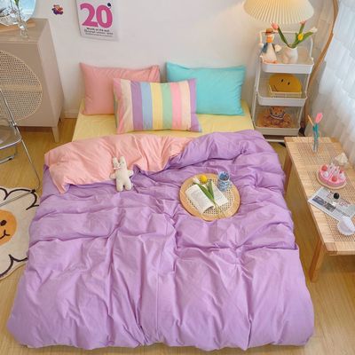 Kawaii Fashion Rainbow Bedding Set 100% Cotton Flat Bed Sheet And Pillowcases Luxury Korean Style Princess Full Queen Bed Sets