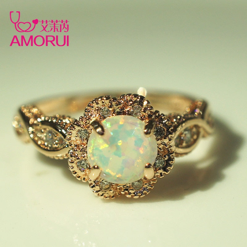 AMORUI Vintage Australian Crystal Flower Ring Female Anniversary Gift Jewelry Fashion Golden Opal Engagement / Wedding Rings