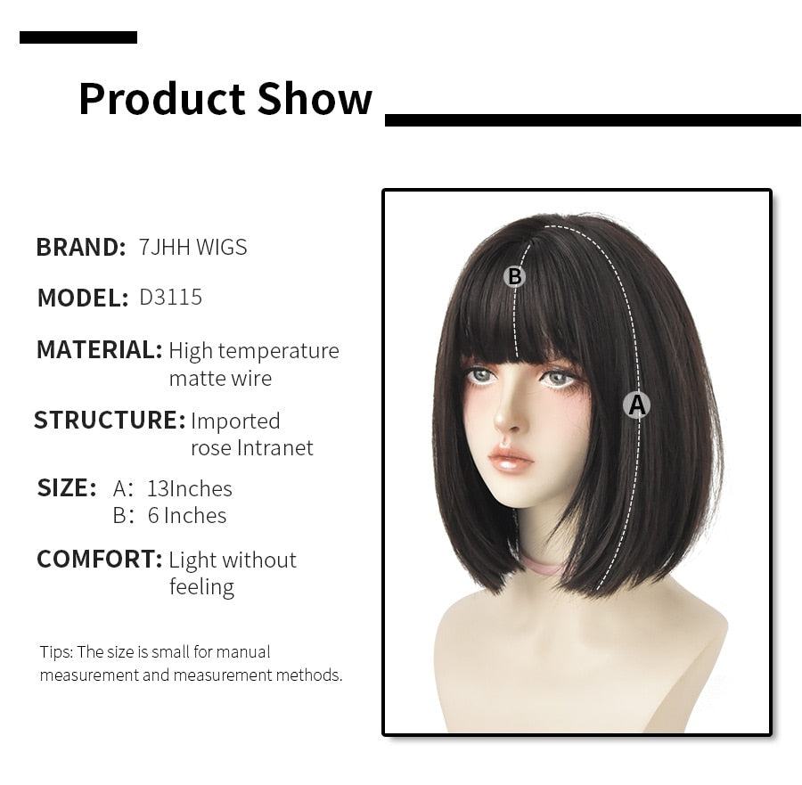 7JHH WIGS Black Short Bob Wig for Girl Daily Wear Synthetic Wig New Style Natural Supple Summer  Heatresistant Wig With Bangs