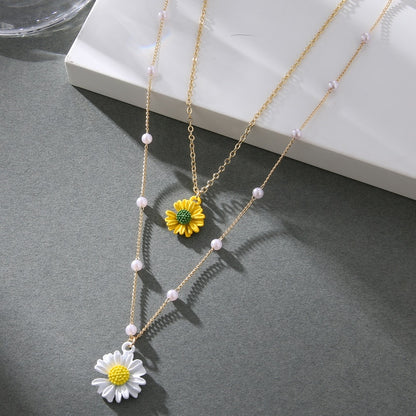 Gold Color Layered Flower Pendant Necklace Women Bohemian Small Daisy Pearl Chain Collar Necklace Female Jewelry Gifts