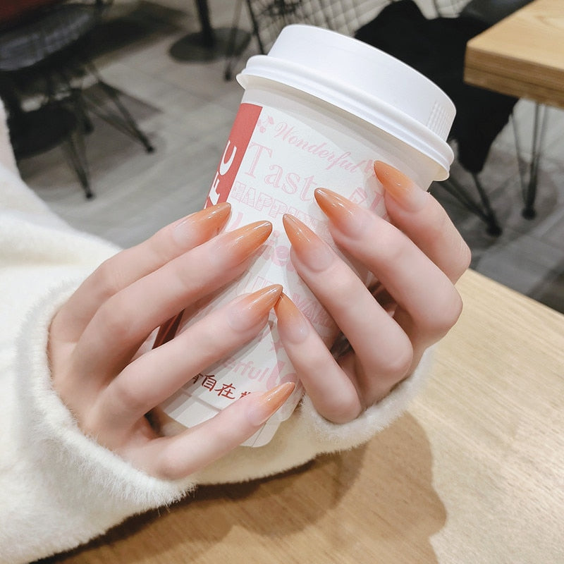 24PCS/box Mid-length  stiletto nail tips Gradients wear full cover paragraph fashion Manicure patch false fingernails for girls