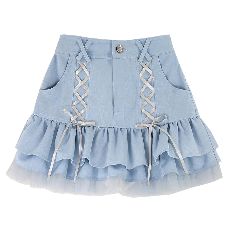 Elegant Pastel Blue Lace Mini Skirt Women's Kawaii Fashion