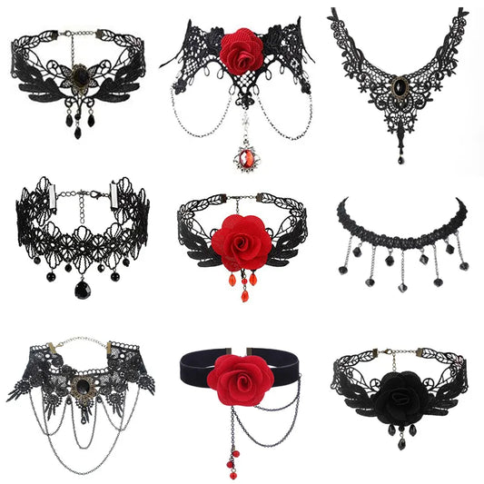 Party Jewelry Gothic Black Beaded Flowers Lace Neck Choker Necklace Vintage Tassel Chain Women Steampunk Halloween Jewelry