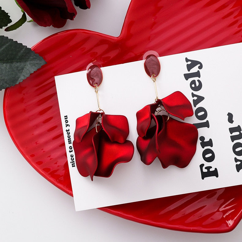 New Arrival Vintage Women Dangle Earrings Rose Petal Long Tassel Earrings Female Korean Jewelry Red Earrings
