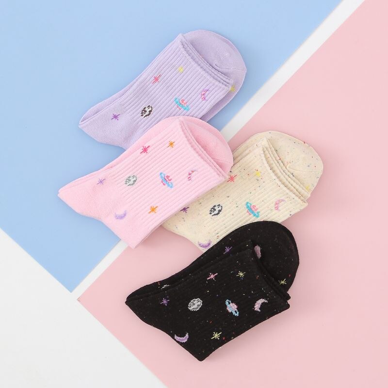 Harajuku Moon Stars Socks Women Funny Socks Cotton Japanese Creative Warm Cute Novelty Casual Streetwear Pink Korean Hot 35-40