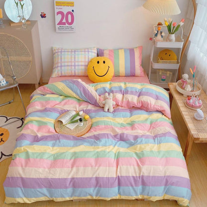 Kawaii Fashion Rainbow Bedding Set 100% Cotton Flat Bed Sheet And Pillowcases Luxury Korean Style Princess Full Queen Bed Sets