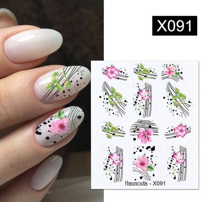 Harunouta Black Lines Flower Leaves Water Decals Stickers Floral Face Marble Pattern Slider For Nails Summer Nail Art Decoration