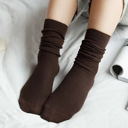 CHAOZHU  Japanese Korean High School Girls High Socks Loose Solid Colors Double Needles Knitting Cotton Long Socks For Women