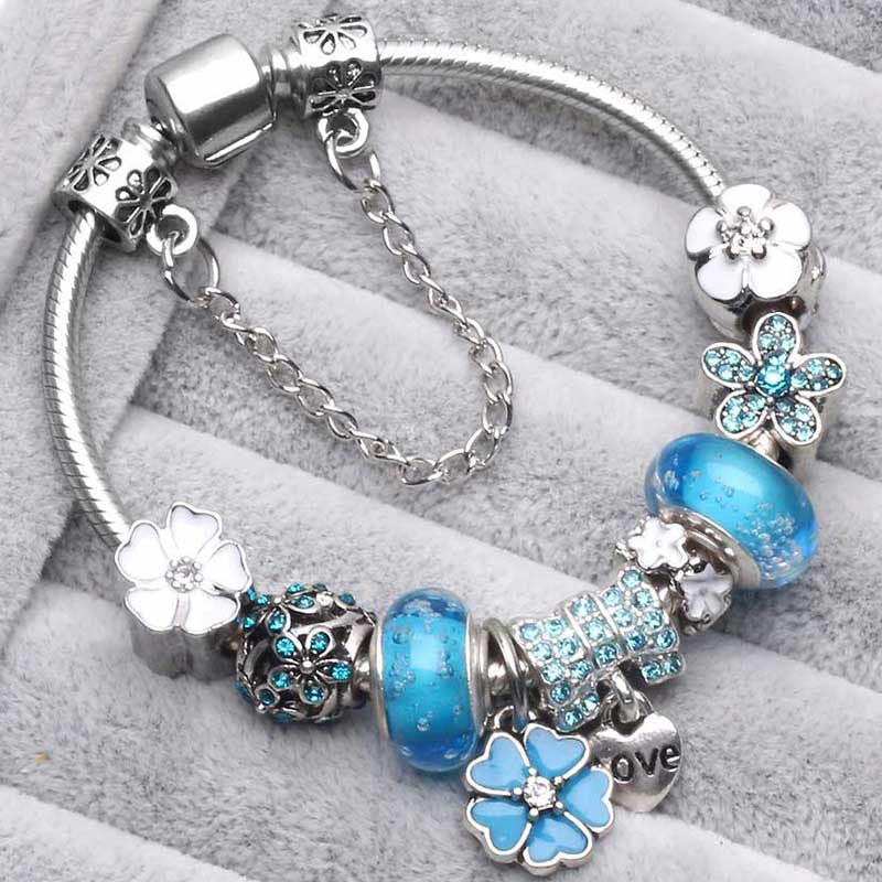 BAOPON Dropshipping Vintage Silver Color Charms Bracelets for Women DIY Crystal Beads Brand Bracelets Women Pulseira Jewelry