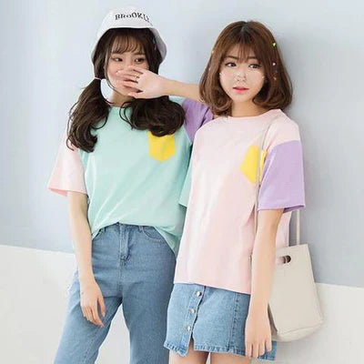 Vibrant Color Delight Pastel Patchwork Tee Trendy Women's Kawaii T-Shirt