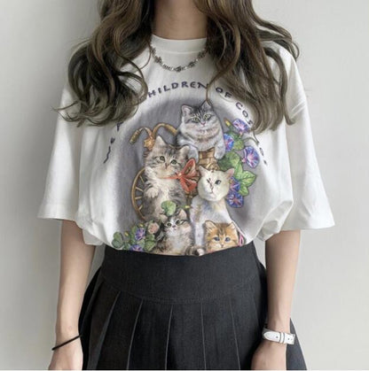 sunfiz Kawaii The Kitten Club Women T Shirt Streetwear White Cotton Short Sleeve Femme Oversized Graphic Tee Cute Grunge Tops