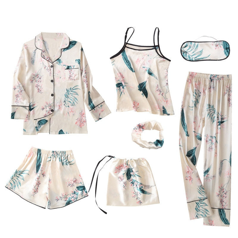 JULY'S SONG Pink 7 Pieces Women's Pajamas Sets Faux Silk Striped Pyjama Women's Pajamas Sleepwear Sets Spring Summer Homewear