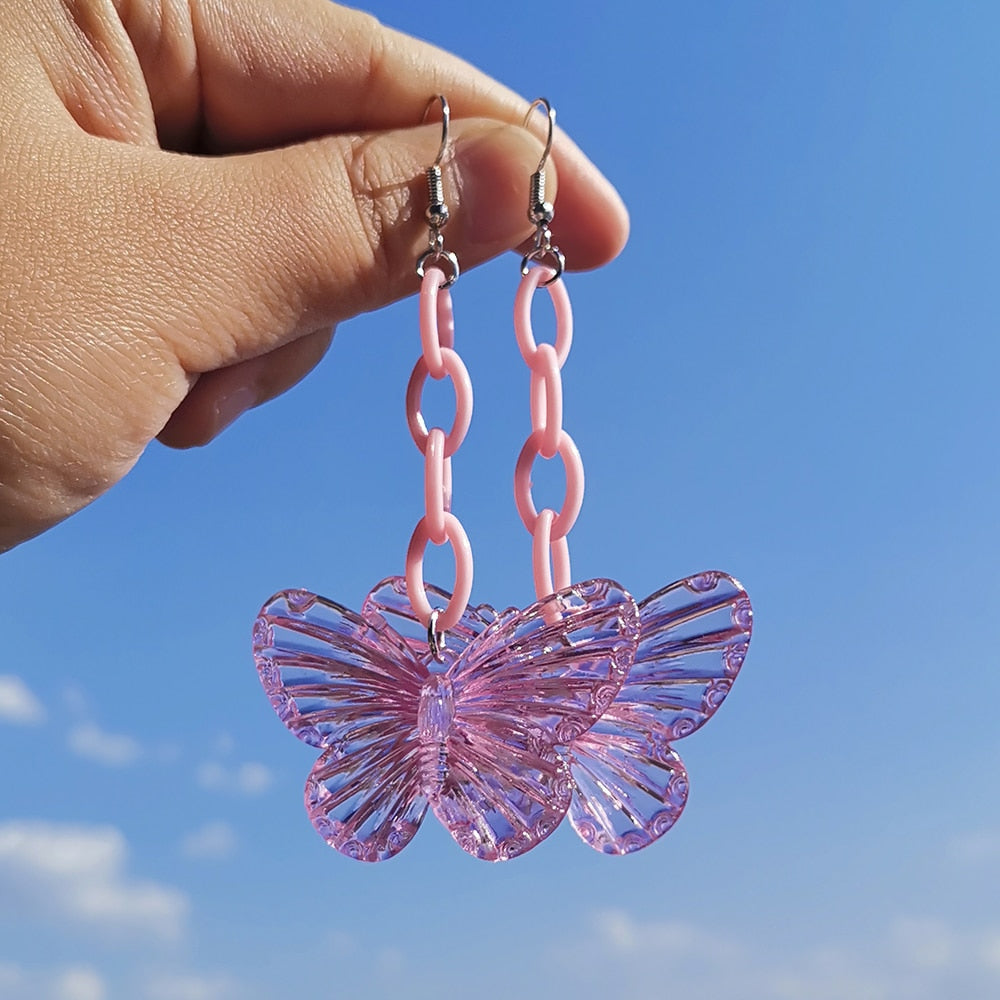 ZX Transparent Resin Butterfly Big Statement Drop Earrings for Women Girls Cute Animial Hanging Earrings Wholesale Jewelry Gifts