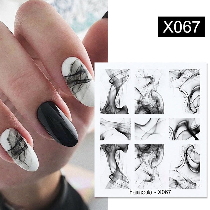 Harunouta Black Lines Flower Leaves Water Decals Stickers Floral Face Marble Pattern Slider For Nails Summer Nail Art Decoration