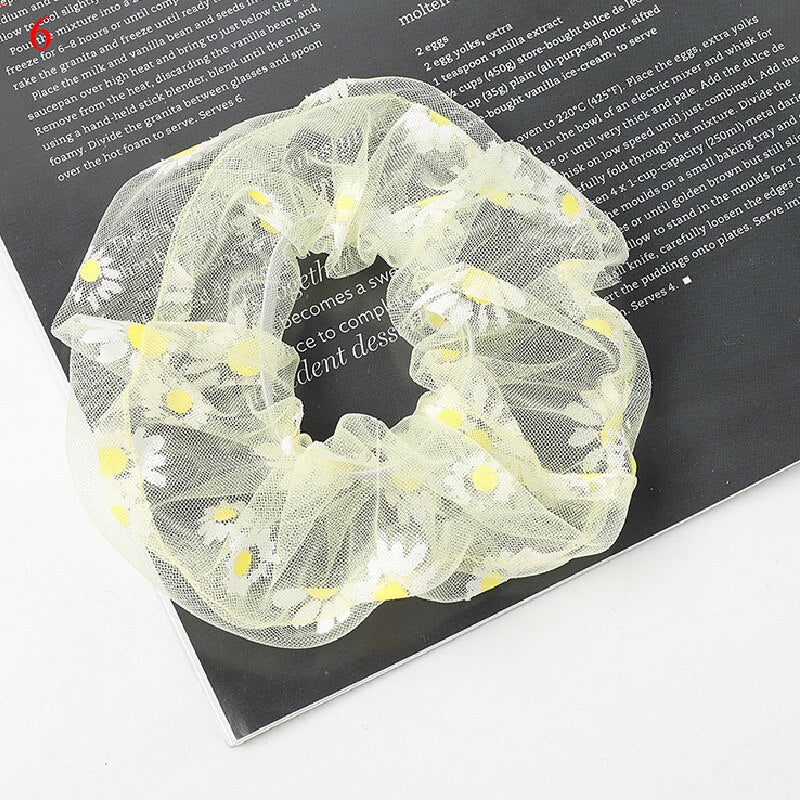 Sweet Embroidery Flowers Mesh Scrunchies Women Romantic Pink Blue Hair Rope Transparent Tulle Organza Hair Ties Hair Accessories