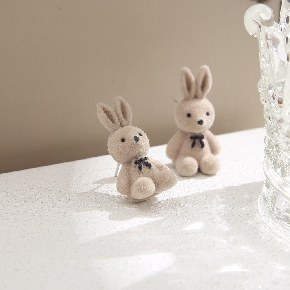 Bear Earrings for Women Girls Fashion Korea Silver Needle Autumn and Winter Earrings Cute Flocking Rabbit Ear Studs Jewelry